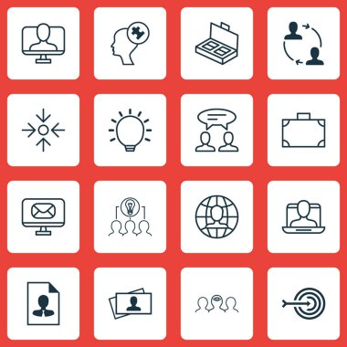 16 iş yönetimi simgeler kümesi. Küresel iş, işbirliği, iş amacı ve diğer simgeleri içerir. Güzel tasarım öğeleri.