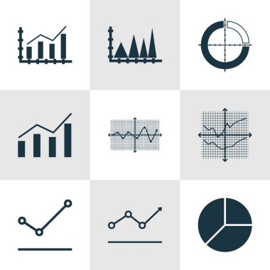 Grafikler, diyagramlar ve istatistik simgeleri kümesi. Kaliteli sembol koleksiyonu. Simgeler web, uygulama ve UI tasarımı için kullanılabilir.