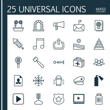 25 evrensel düzenlenebilir simgeler kümesi. Web, mobil ve App tasarım için kullanılabilir. Önemli mektup, kimlik belgesi, Spatula ve daha fazlası gibi unsurları içerir.