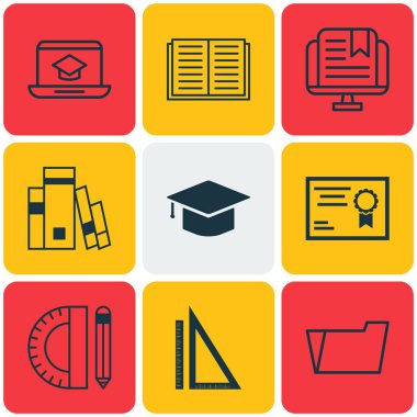 9 okul simgeler kümesi. Uzaktan eğitim, sertifika, belge dava ve diğer simgeleri içerir. Güzel tasarım öğeleri.
