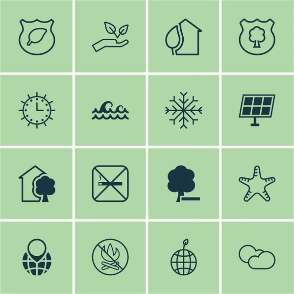 Set van 16 Eco-vriendelijke iconen. Sea Star Ocean Wave, Pin aarde en andere symbolen bevat. Mooie designelementen. — Stockvector
