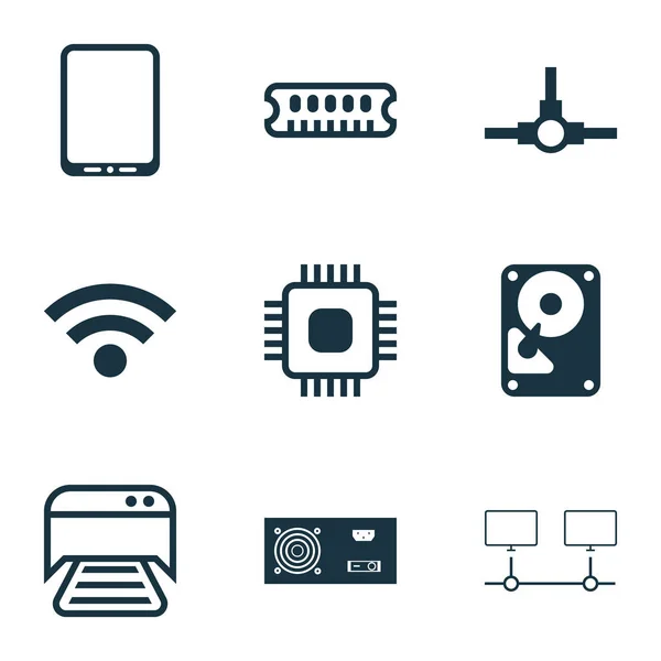 Uppsättning av 9 dator hårdvara ikoner. Innehåller anslutna enheter, Chip, Power Generator och andra symboler. Vacker designelement. — Stock vektor