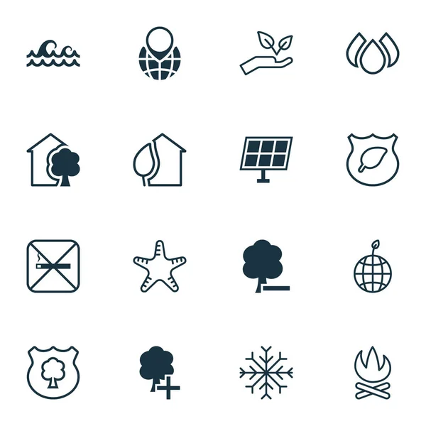 Set van 16 Eco-vriendelijke iconen. Sea Star, opslaan wereld, sigaretten en andere symbolen bevat. Mooie designelementen. — Stockvector