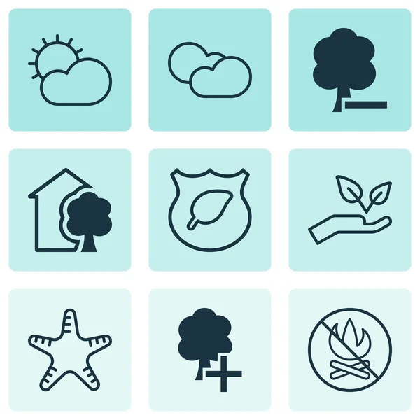 Set van 9 Eco-vriendelijke iconen. Bevat huis, Delete Woods, Sea Star en andere symbolen. Mooie designelementen. — Stockvector