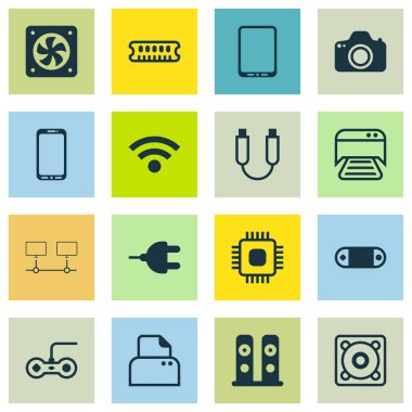 16 bilgisayar donanım simgeler kümesi. Radyo, müzik, bağlayıcı ve diğer simgeleri içerir. Güzel tasarım öğeleri.