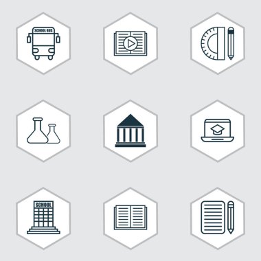 9 okul simgeler kümesi. Taşıma aracı, eğitim araçları, kimyasal ve diğer simgeleri içerir. Güzel tasarım öğeleri.