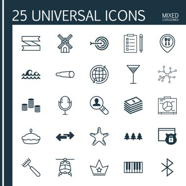 25 evrensel düzenlenebilir simgeler kümesi. Web, mobil ve App tasarım için kullanılabilir. Gezinti oklarını, helikopter ve tatil süsleme unsurları içerir.