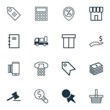 16 E-ticaret simgeler kümesi. Kutusu, tokmak, kalkık ve diğer simgeleri içerir. Güzel tasarım öğeleri.