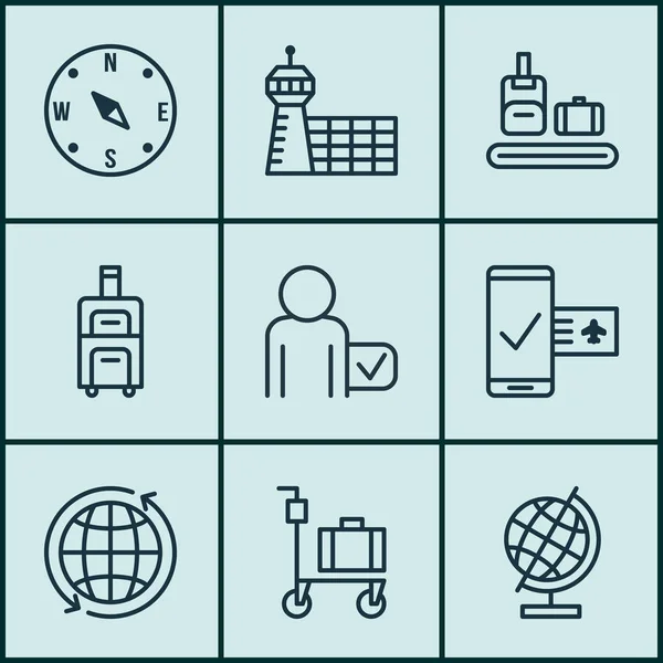 Set de 9 iconos del aeropuerto. Incluye equipaje, trotamundos, esfera del mundo y otros símbolos. Hermosos elementos de diseño . — Vector de stock
