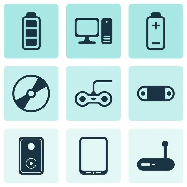 Set Of 9 Computer Hardware Icons. Includes Joystick, Desktop Computer, Router And Other Symbols. Beautiful Design Elements. — Stock Vector