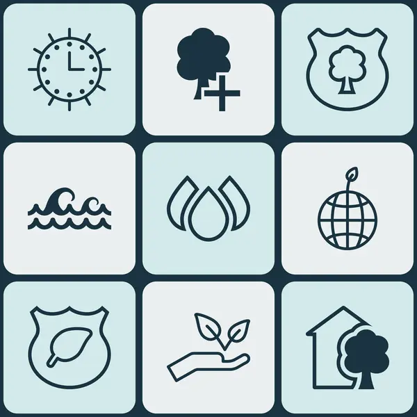 Set van 9 ecologie iconen. Aqua, opslaan wereld, hout en andere symbolen bevat. Mooie designelementen. — Stockvector