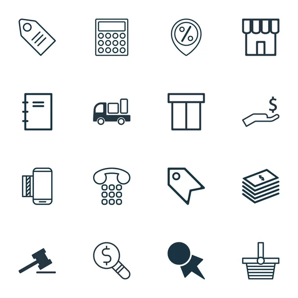 Conjunto de 16 iconos de comercio electrónico. Incluye Box, Gavel, Pannier y otros símbolos. Hermosos elementos de diseño . — Archivo Imágenes Vectoriales