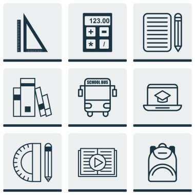 9 okul simgeler kümesi. Ölçüm, taşıma aracı, Kütüphane ve diğer simgeleri içerir. Güzel tasarım öğeleri.