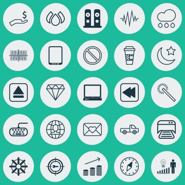 25 evrensel düzenlenebilir simgeler kümesi. Web, mobil ve App tasarım için kullanılabilir. Aqua, Kardinal yönü, karar verme ve daha fazla gibi unsurları içerir.