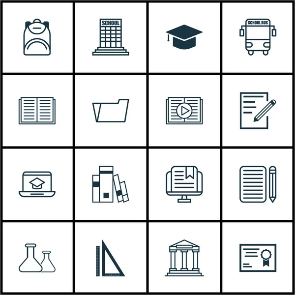 Set med 16 skola ikoner. Innehåller College, dokument fall, papper och andra symboler. Vacker designelement. — Stock vektor