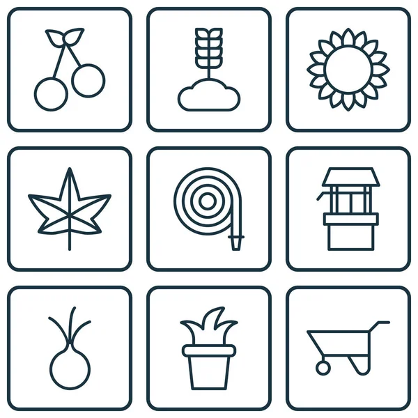 Set von 9 landwirtschaftlichen Symbolen. enthält Herbstpflanze, Knoblauch, Feuerschlauch und andere Symbole. schöne Gestaltungselemente. — Stockvektor