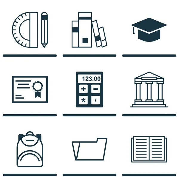 Set Of 9 School Icons. Includes Graduation, Haversack, Certificate And Other Symbols. Beautiful Design Elements. — Stock Vector