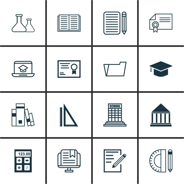 Ensemble de 16 icônes scolaires. Comprend le travail à domicile, l'outil électronique, l'enseignement à distance et d'autres symboles. Beaux éléments de conception . — Image vectorielle