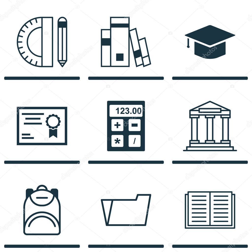 Set Of 9 School Icons. Includes Graduation, Haversack, Certificate And Other Symbols. Beautiful Design Elements.