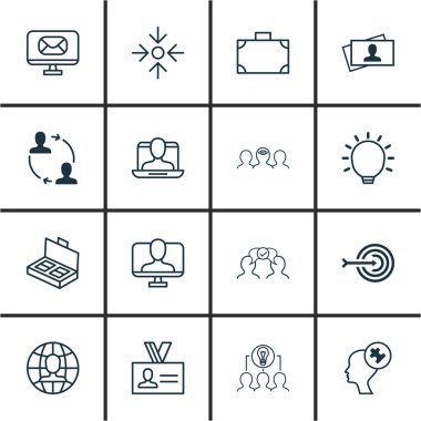 16 iş yönetimi simgeler kümesi. Arama kartı, sosyal profil, portföy ve diğer simgeleri içerir. Güzel tasarım öğeleri.