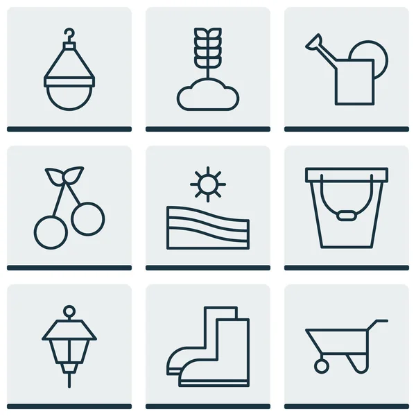Set de 9 iconos de la agricultura. Incluye linterna, prado, cubo y otros símbolos. Hermosos elementos de diseño . — Vector de stock