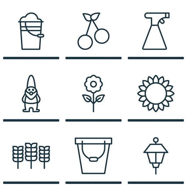 Set von 9 Bauernhof-Symbolen. enthält Zwerg, Eimer, Helianthus und andere Symbole. schöne Gestaltungselemente. — Stockvektor