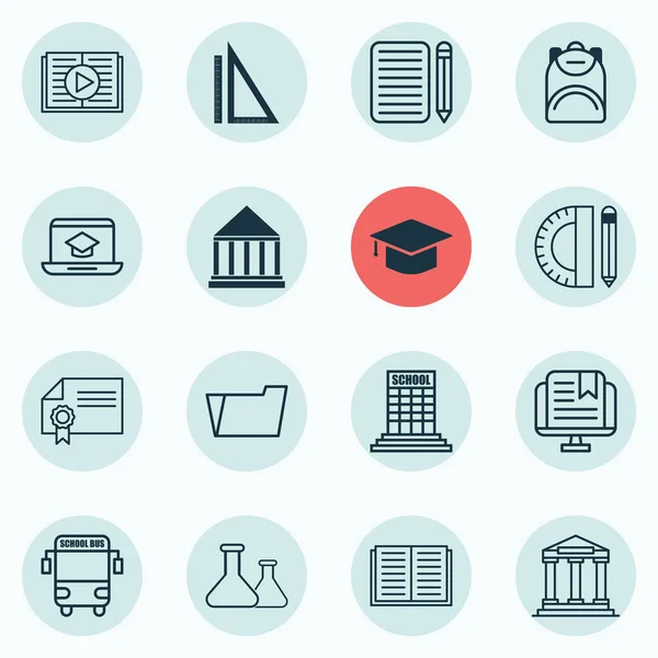 Set di 16 icone dell'istruzione. Include Haversack, Accademia, apprendimento a distanza e altri simboli. Bellissimi elementi di design . — Vettoriale Stock