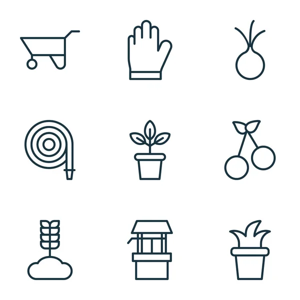 Set von 9 landwirtschaftlichen Symbolen. umfasst Blumentopf, Wasserquelle, Schutzhandschuh und andere Symbole. schöne Gestaltungselemente. — Stockvektor