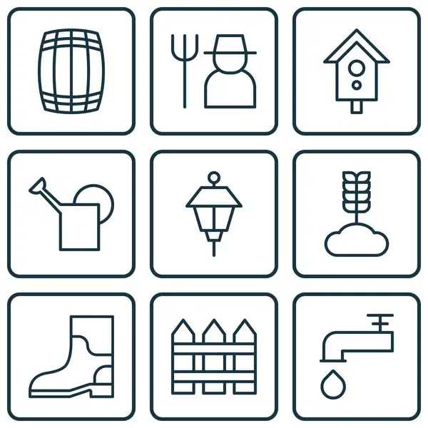 Uppsättning av 9 Trädgårdsskötsel ikoner. Innehåller fågelholk, spannmål, hinder och andra symboler. Vacker designelement. — Stock vektor