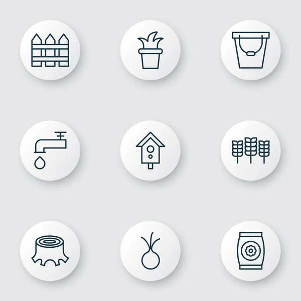 Set van 9 boerderij iconen. Bevat meststof, tarwe, boom Stub en andere symbolen. Mooie designelementen. — Stockvector