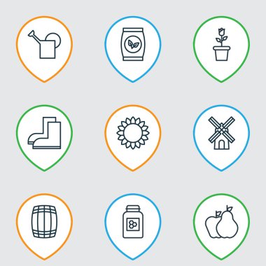 9 tarım simgeler kümesi. Mill, eskrim, fıçı ve diğer simgeleri içerir. Güzel tasarım öğeleri.