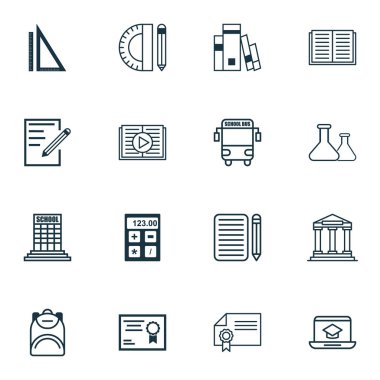 16 okul simgeler kümesi. Eğitim araçları, Diploma, açık kitap ve diğer simgeleri içerir. Güzel tasarım öğeleri.