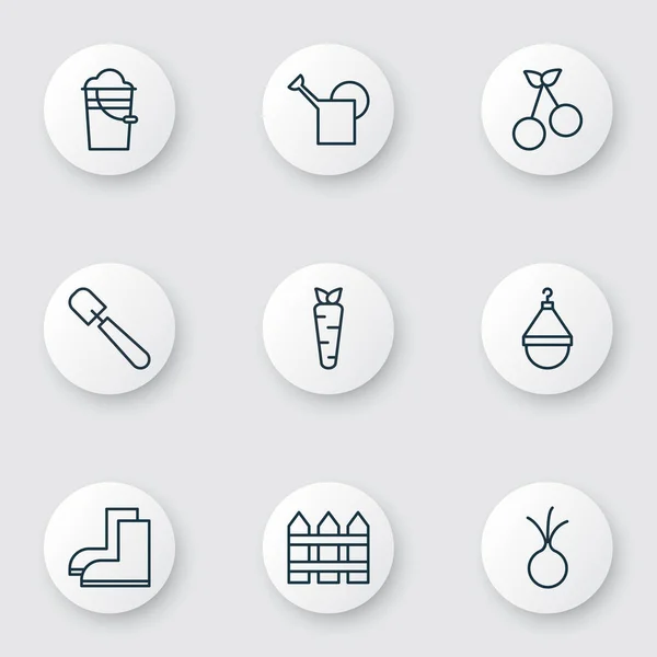 Set de 9 iconos del jardín. Incluye barrera, cubo, percha y otros símbolos. Hermosos elementos de diseño . — Vector de stock