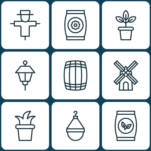 Set von 9 Pflanzensymbolen. umfasst Blumentopf, Buschtopf, Buschbär und andere Symbole. schöne Gestaltungselemente. — Stockvektor