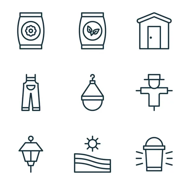 Set van 9 landbouw iconen. Bevat tuin kleren, Hanger, Hang Lamp en andere symbolen. Mooie designelementen. — Stockvector