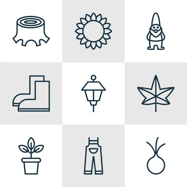 Set van 9 tuinieren iconen. Bevat de Tree Stub, dwerg, tuinieren, schoenen en andere symbolen. Mooie designelementen. — Stockvector