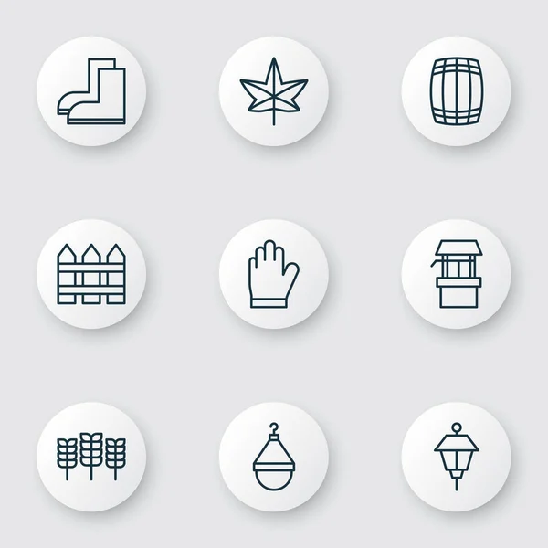 Set de 9 iconos de la Holticultura. Incluye fuente de agua, planta de otoño, barrera y otros símbolos. Hermosos elementos de diseño . — Vector de stock