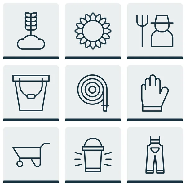 Set Of 9 Gardening Icons. Includes Cereal, Garden Clothes, Protection Mitt And Other Symbols. Beautiful Design Elements. — Stock Vector