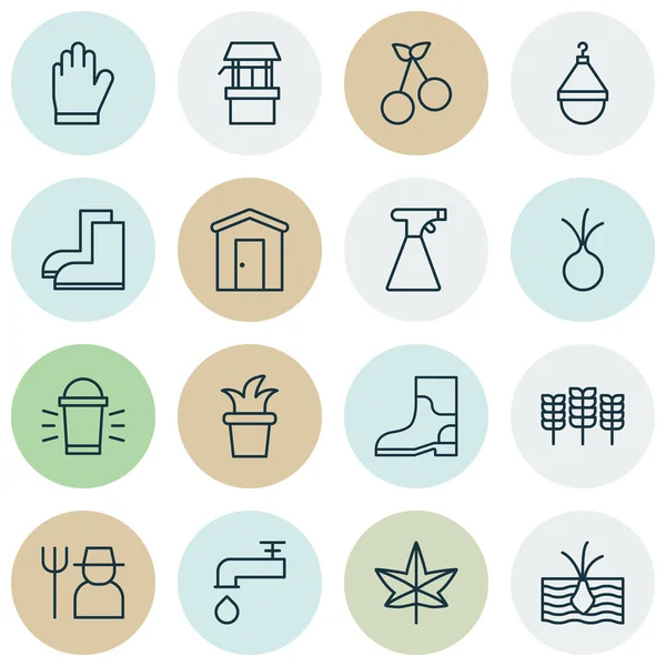 Set von 16 Bauernhof-Symbolen. enthält Süßbeere, Schutzhandschuh, Hängelampe und andere Symbole. schöne Gestaltungselemente. — Stockvektor