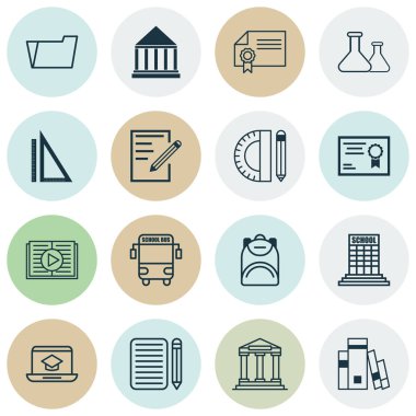 16 eğitim simgeler kümesi. Uzaktan eğitim, kağıt, bantlanmış kitap ve diğer simgeleri içerir. Güzel tasarım öğeleri.