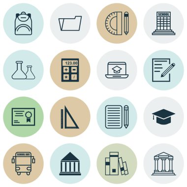 16 eğitim simgeler kümesi. Taşıma aracı, ölçüm, Akademi ve diğer simgeleri içerir. Güzel tasarım öğeleri.