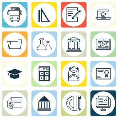 16 eğitim simgeler kümesi. Bantlanmış kitap, Diploma, kimyasal ve diğer simgeleri içerir. Güzel tasarım öğeleri.
