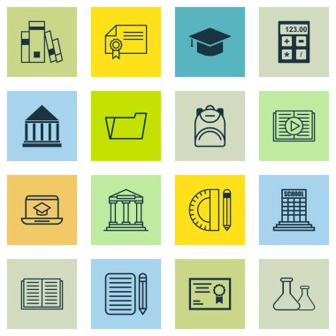 16 eğitim simgeler kümesi. Sertifika, ev iş, belge dava ve diğer simgeleri içerir. Güzel tasarım öğeleri.