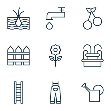 9 Bahçe simgeler kümesi. Büyüyen bitki, Bahçe giysiler, tıkaç ve diğer simgeleri içerir. Güzel tasarım öğeleri.