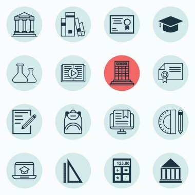 16 eğitim simgeler kümesi. Bantlanmış kitap, elektronik alet, E-eğitim ile diğer simgeleri içerir. Güzel tasarım öğeleri.