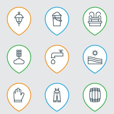 9 Bahçe simgeler kümesi. Çayır, koruma Mitt, kova ve diğer simgeleri içerir. Güzel tasarım öğeleri.