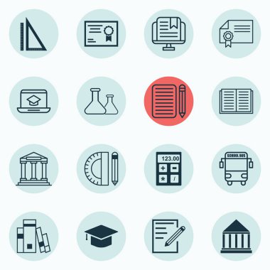 16 eğitim simgeler kümesi. Eğitim araçları, Diploma, elektronik alet ve diğer simgeleri içerir. Güzel tasarım öğeleri.