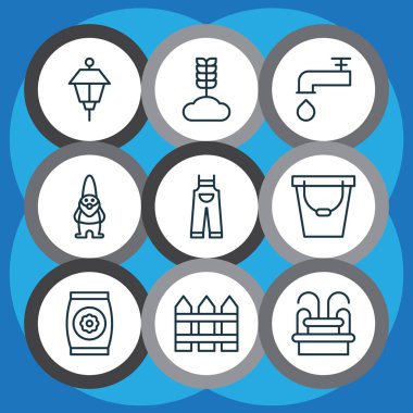 9 Holticulture simgeler kümesi. Fener, Mısır gevreği, kova ve diğer simgeleri içerir. Güzel tasarım öğeleri.