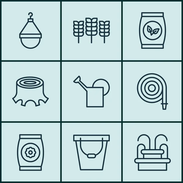 Set von 9 landwirtschaftlichen Symbolen. umfasst Lenzventil, Körner, Kleiderbügel und andere Symbole. schöne Gestaltungselemente. — Stockvektor