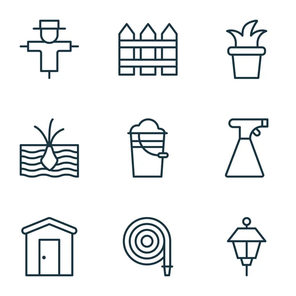 Set van 9 Holticulture iconen. Bevat boerderij, schrikbeeld, Sprinkler en andere symbolen. Mooie designelementen. — Stockvector